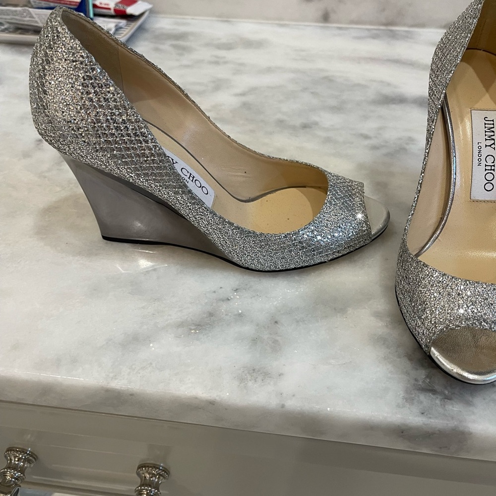 Jimmy Choo Shimmering Silver Peep-Toe Wedges
